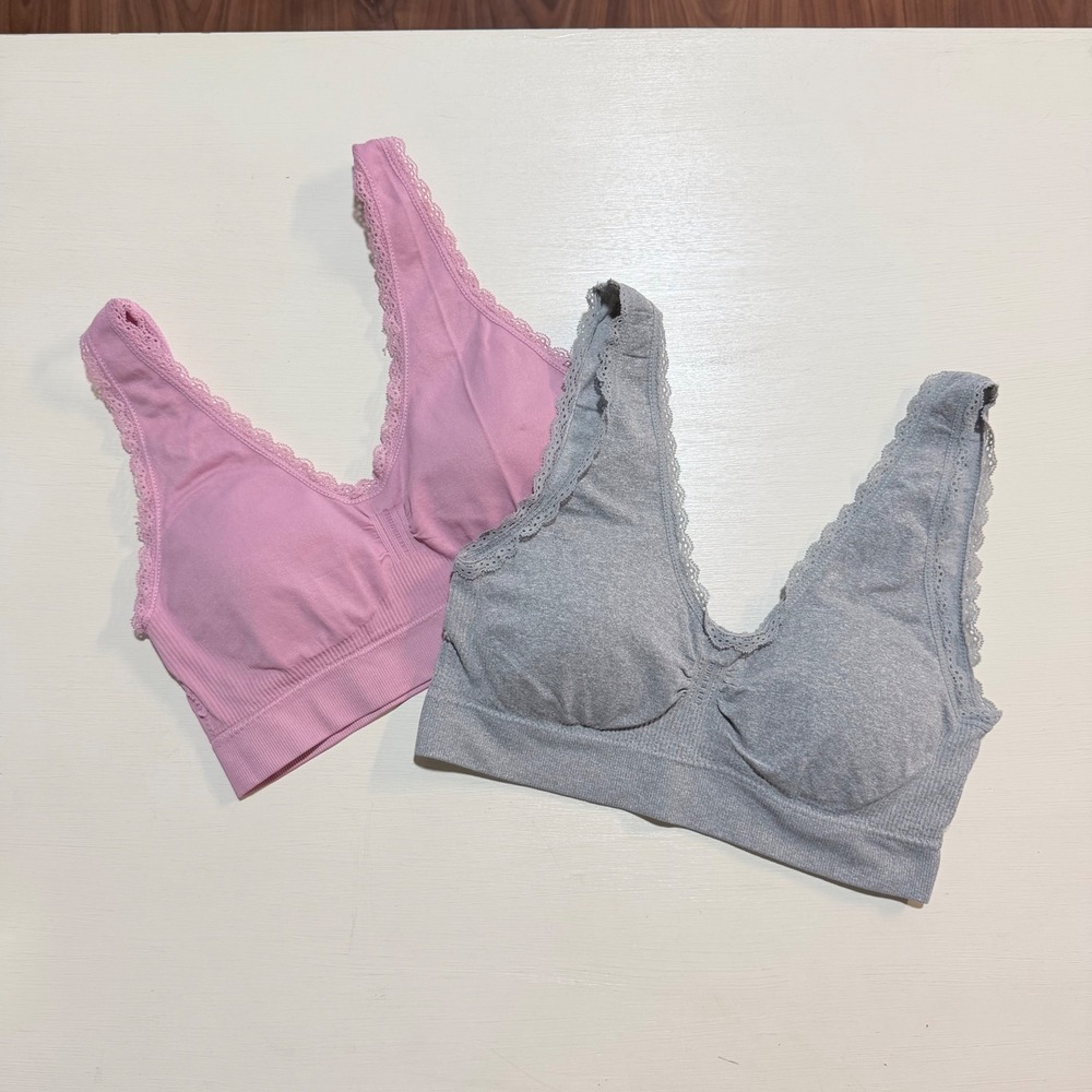 Daisy Fuentes Womens Seamless Lace Trim Bralette Set 2PK Pink Grey Large